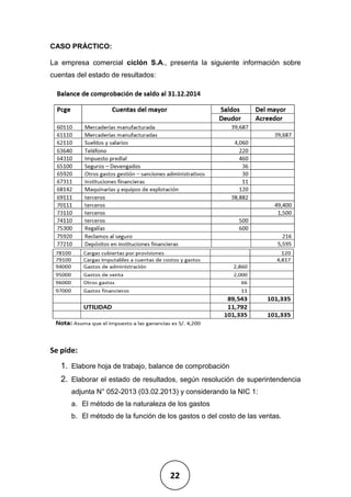 22
CASO PRÁCTICO:
La empresa comercial ciclón S.A., presenta la siguiente información sobre
cuentas del estado de resultados:
Se pide:
1. Elabore hoja de trabajo, balance de comprobación
2. Elaborar el estado de resultados, según resolución de superintendencia
adjunta N° 052-2013 (03.02.2013) y considerando la NIC 1:
a. El método de la naturaleza de los gastos
b. El método de la función de los gastos o del costo de las ventas.
 