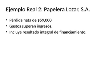 Ejemplo Real 2: Papelera Lozar, S.A.
• Pérdida neta de $59,000
• Gastos superan ingresos.
• Incluye resultado integral de financiamiento.
 
