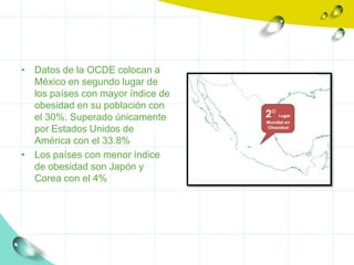• Datos de la OCDE colocan a
  México en segundo lugar de
  los países con mayor índice de
  obesidad en su población con
  el 30%. Superado únicamente
  por Estados Unidos de
  América con el 33.8%
• Los países con menor índice
  de obesidad son Japón y
  Corea con el 4%
 