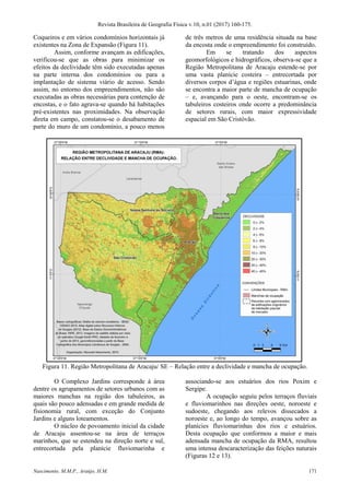 Revista Brasileira de Geografia Física v.10, n.01 (2017) 160-175.
Nascimento, M.M.P., Araújo, H.M. 171
Coqueiros e em vários condomínios horizontais já
existentes na Zona de Expansão (Figura 11).
Assim, conforme avançam as edificações,
verificou-se que as obras para minimizar os
efeitos da declividade têm sido executadas apenas
na parte interna dos condomínios ou para a
implantação de sistema viário de acesso. Sendo
assim, no entorno dos empreendimentos, não são
executadas as obras necessárias para contenção de
encostas, e o fato agrava-se quando há habitações
pré-existentes nas proximidades. Na observação
direta em campo, constatou-se o desabamento de
parte do muro de um condomínio, a pouco menos
de três metros de uma residência situada na base
da encosta onde o empreendimento foi construído.
Em se tratando dos aspectos
geomorfológicos e hidrográficos, observa-se que a
Região Metropolitana de Aracaju estende-se por
uma vasta planície costeira – entrecortada por
diversos corpos d’água e regiões estuarinas, onde
se encontra a maior parte de mancha de ocupação
– e, avançando para o oeste, encontram-se os
tabuleiros costeiros onde ocorre a predominância
de setores rurais, com maior expressividade
espacial em São Cristóvão.
Figura 11. Região Metropolitana de Aracaju/ SE – Relação entre a declividade e mancha de ocupação.
O Complexo Jardins corresponde à área
dentre os agrupamentos de setores urbanos com as
maiores manchas na região dos tabuleiros, as
quais são pouco adensadas e em grande medida de
fisionomia rural, com exceção do Conjunto
Jardins e alguns loteamentos.
O núcleo de povoamento inicial da cidade
de Aracaju assentou-se na área de terraços
marinhos, que se estendeu na direção norte e sul,
entrecortada pela planície fluviomarinha e
associando-se aos estuários dos rios Poxim e
Sergipe.
A ocupação seguiu pelos terraços fluviais
e fluviomarinhos nas direções oeste, noroeste e
sudoeste, chegando aos relevos dissecados a
noroeste e, ao longo do tempo, avançou sobre as
planícies fluviomarinhas dos rios e estuários.
Desta ocupação que conformou a maior e mais
adensada mancha de ocupação da RMA, resultou
uma intensa descaracterização das feições naturais
(Figuras 12 e 13).
 