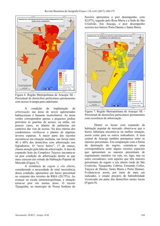 Revista Brasileira de Geografia Física v.10, n.01 (2017) 160-175.
Nascimento, M.M.P., Araújo, H.M. 168
Figura 6. Região Metropolitana de Aracaju/ SE -
Percentual de domicílios particulares permanentes
com acesso à rampa para cadeirante.
A condição de implantação de
arborização nas áreas de novos aglomerados
habitacionais é bastante insatisfatória. As áreas
verdes correspondem apenas a pequenos jardins
próximos às guaritas de acesso, ou então, em
poucos casos, ao plantio de palmeiras em
canteiros das vias de acesso. Na área interna dos
condomínios verifica-se o plantio de algumas
árvores esparsas. A maior parte dos recortes
encontra-se em situação mediana, nas faixas entre
40 e 60% dos domicílios com arborização nos
logradouros. O “novo bairro”, 17 de março,
chama atenção pela falta de arborização. A área de
expansão leste do Complexo Taiçoca encontra-se
na pior condição de arborização dentre as que
mais crescem em virtude da Habitação Popular de
Mercado (Figura 7).
A existência de esgoto a céu aberto,
considerando a necessidade de total inexistência
dessa condição, apresentou um baixo percentual
no conjunto dos recortes da RMA (20,75%). Ao
avançar na escala intrametropolitana, a situação
torna-se pior em muitas áreas. O recorte
Tijuquinha, no município de Nossa Senhora do
Socorro apresentou o pior desempenho, com
82,07%, seguido pelo Rosa Maria e a Sede de São
Cristóvão. Em Aracaju, o pior desempenho
ocorreu nos bairros Porto Dantas e Santa Maria.
Figura 7. Região Metropolitana de Aracaju/ SE -
Percentual de domicílios particulares permanentes
com ocorrência de arborização.
Dentre os locais com expansão da
habitação popular de mercado, observa-se que o
bairro Jabotiana encontra-se na melhor situação,
assim como para os outros indicadores. A área
central de Aracaju também permanece entre os
maiores percentuais. Em comparação com a forma
da destinação do esgoto, constata-se uma
correspondência entre alguns recortes espaciais
que apresentam os maiores percentuais de
esgotamento sanitário via vala, rio, lago, mar ou
outro escoadouro, com aqueles que têm maiores
percentuais de esgoto a céu aberto (sede de São
Cristóvão, Tijuquinha, Cabrita, Fernando Collor,
Taiçoca de Dentro, Santa Maria e Porto Dantas).
Evidencia-se assim, por meio de mais um
indicador, o estado precário de habitabilidade
vivenciado em parte dos domicílios nestes locais
(Figura 8).
 