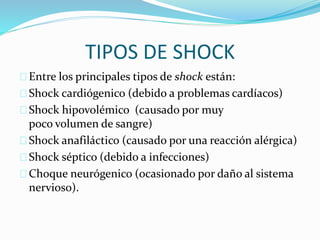 TIPOS DE SHOCK 
 Entre los principales tipos de shock están: 
 Shock cardiógenico (debido a problemas cardíacos) 
 Shock hipovolémico (causado por muy 
poco volumen de sangre) 
 Shock anafiláctico (causado por una reacción alérgica) 
 Shock séptico (debido a infecciones) 
 Choque neurógenico (ocasionado por daño al sistema 
nervioso). 
 