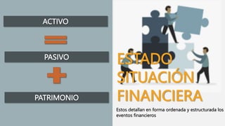 ACTIVO
ESTADO
SITUACIÓN
FINANCIERA
Estos detallan en forma ordenada y estructurada los
eventos financieros
PASIVO
PATRIMONIO
 