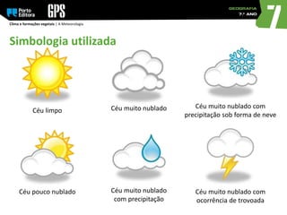 Clima e formações vegetais | A Meteorologia
Céu limpo
Céu pouco nublado
Céu muito nublado Céu muito nublado com
precipitação sob forma de neve
Céu muito nublado
com precipitação
Céu muito nublado com
ocorrência de trovoada
Simbologia utilizada
 