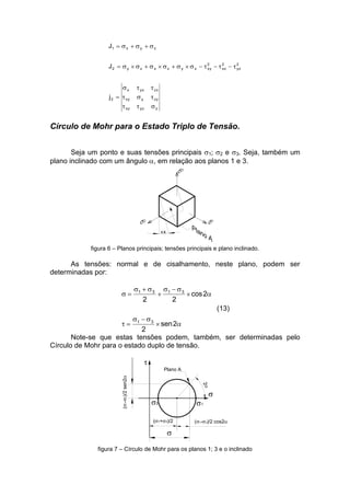 zyzxz
zyyxy
zxyxx
3
2
yz
2
xz
2
xyxyzxzy2
zyx1
j
J
J
Círculo de Mohr para o Estado Triplo de Tensão.
Seja um ponto e suas tensões principais 1; 2 e 3. Seja, também um
plano inclinado com um ângulo , em relação aos planos 1 e 3.
figura 6 – Planos principais; tensões principais e plano inclinado.
As tensões: normal e de cisalhamento, neste plano, podem ser
determinadas por:
2sen
2
2cos
22
31
3131
(13)
Note-se que estas tensões podem, também, ser determinadas pelo
Círculo de Mohr para o estado duplo de tensão.
( 1+ 3)/2
(1-3)/2sen2
( 1- 3)/2 cos2
3
2
1
Plano A
figura 7 – Círculo de Mohr para os planos 1; 3 e o inclinado
 