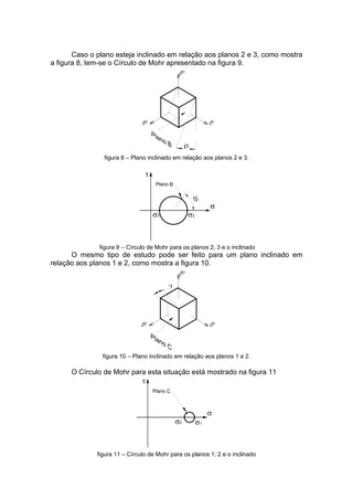Caso o plano esteja inclinado em relação aos planos 2 e 3, como mostra
a figura 8, tem-se o Círculo de Mohr apresentado na figura 9.
figura 8 – Plano inclinado em relação aos planos 2 e 3.
3
Plano B
2
2
figura 9 – Círculo de Mohr para os planos 2; 3 e o inclinado
O mesmo tipo de estudo pode ser feito para um plano inclinado em
relação aos planos 1 e 2, como mostra a figura 10.
figura 10 – Plano inclinado em relação aos planos 1 e 2.
O Círculo de Mohr para esta situação está mostrado na figura 11
12
Plano C
figura 11 – Círculo de Mohr para os planos 1; 2 e o inclinado
 