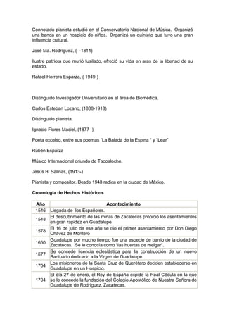 Connotado pianista estudió en el Conservatorio Nacional de Música. Organizó
una banda en un hospicio de niños. Organizó un quinteto que tuvo una gran
influencia cultural.

José Ma. Rodríguez, ( -1814)

Ilustre patriota que murió fusilado, ofreció su vida en aras de la libertad de su
estado.

Rafael Herrera Esparza, ( 1949-)



Distinguido Investigador Universitario en el área de Biomédica.

Carlos Esteban Lozano, (1888-1918)

Distinguido pianista.

Ignacio Flores Maciel, (1877 -)

Poeta excelso, entre sus poemas “La Balada de la Espina “ y “Lear”

Rubén Esparza

Músico Internacional oriundo de Tacoaleche.

Jesús B. Salinas, (1913-)

Pianista y compositor. Desde 1948 radica en la ciudad de México.

Cronología de Hechos Históricos

 Año                                 Acontecimiento
 1546    Llegada de los Españoles.
         El descubrimiento de las minas de Zacatecas propició los asentamientos
 1548
         en gran rapidez en Guadalupe.
         El 16 de julio de ese año se dio el primer asentamiento por Don Diego
 1578
         Chávez de Montero
         Guadalupe por mucho tiempo fue una especie de barrio de la ciudad de
 1650
         Zacatecas. Se le conocía como “las huertas de melgar”.
         Se concede licencia eclesiástica para la construcción de un nuevo
 1677
         Santuario dedicado a la Virgen de Guadalupe.
         Los misioneros de la Santa Cruz de Querétaro deciden establecerse en
 1704
         Guadalupe en un Hospicio.
         El día 27 de enero, el Rey de España expide la Real Cédula en la que
 1704    se le concede la fundación del Colegio Apostólico de Nuestra Señora de
         Guadalupe de Rodríguez, Zacatecas.
 