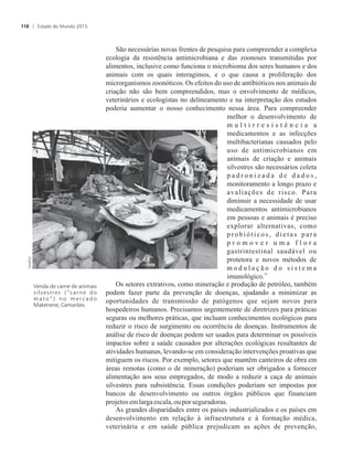 São necessárias novas frentes de pesquisa para compreender a complexa
ecologia da resistência antimicrobiana e das zoonoses transmitidas por
alimentos, inclusive como funciona o microbioma dos seres humanos e dos
animais com os quais interagimos, e o que causa a proliferação dos
microrganismos zoonóticos. Os efeitos do uso de antibióticos nos animais de
criação não são bem compreendidos, mas o envolvimento de médicos,
veterinários e ecologistas no delineamento e na interpretação dos estudos
poderia aumentar o nosso conhecimento nessa área. Para compreender
melhor o desenvolvimento de
m u l t i r r e s i s t ê n c i a a
medicamentos e as infecções
multibacterianas causados pelo
uso de antimicrobianos em
animais de criação e animais
silvestres são necessários coleta
p a d r o n i z a d a d e d a d o s ,
monitoramento a longo prazo e
avaliações de risco. Para
diminuir a necessidade de usar
medicamentos antimicrobianos
em pessoas e animais é preciso
explorar alternativas, como
probióticos, dietas para
p r o m o v e r u m a f l o r a
gastrintestinal saudável ou
protetora e novos métodos de
m o d u l a ç ã o d o s i s t e m a
31
imunológico.
Os setores extrativos, como mineração e produção de petróleo, também
podem fazer parte da prevenção de doenças, ajudando a minimizar as
oportunidades de transmissão de patógenos que sejam novos para
hospedeiros humanos. Precisamos urgentemente de diretrizes para práticas
seguras ou melhores práticas, que incluam conhecimentos ecológicos para
reduzir o risco de surgimento ou ocorrência de doenças. Instrumentos de
análise de risco de doenças podem ser usados para determinar os possíveis
impactos sobre a saúde causados por alterações ecológicas resultantes de
atividades humanas, levando-se em consideração intervenções proativas que
mitiguem os riscos. Por exemplo, setores que mantêm canteiros de obra em
áreas remotas (como o de mineração) poderiam ser obrigados a fornecer
alimentação aos seus empregados, de modo a reduzir a caça de animais
silvestres para subsistência. Essas condições poderiam ser impostas por
bancos de desenvolvimento ou outros órgãos públicos que financiam
projetosemlarga escala,ouporseguradoras.
As grandes disparidades entre os países industrializados e os países em
desenvolvimento em relação à infraestrutura e à formação médica,
veterinária e em saúde pública prejudicam as ações de prevenção,
Venda de carne de animais
silvestres (“carne do
m a t o ” ) n o m e r c a d o
Makenene, Camarões.
Estado do Mundo 2015118
 
