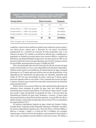 condições, é preciso haver políticas e práticas que enfatizem a preservação, e
isso deixa pouco espaço para a absorção de um maior crescimento
populacional ou o aumento do consumo de bens produzidos com o uso
intensivo de água. Na verdade, as estimativas indicam que, à medida que a
população se expande em muitos países com escassez hídrica, o número de
3
habitantes cuja disponibilidade de água deve cair para menos de 500 m por
pessoa (o limiar da escassez de água absoluta), que em 2011 era pouco menos
13
demeiobilhão,aumentaráparacercade1,8bilhãoaté2025.
Não é de surpreender que um nível nacional elevado de escassez de água
esteja correlacionado, às vezes, com a dependência de alimentos importados.
Embora muitos países com problemas de abastecimento de água consigam
alimentar-se, as 23 nações que mais sofrem com esse tipo de problema, e cuja
dependência das importações de grãos pode ser calculada, importam uma
média de 58% de suas necessidades de grãos, sendo que 9 dessas nações
precisam importar todos os seus grãos. Com o aumento da escassez de água,
o número de países que recorrem aos mercados internacionais de alimentos
14
podeaumentarmuito.
Muitos países com escassez hídrica já estão optando pela importação de
alimentos como estratégia de gestão da água, pois esse fardo pode ser
transferido para as nações exportadoras. O conceito de “água virtual” é usado
para medir a água incorporada na produção de bens, e dá uma ideia das
transferências líquidas de água entre fronteiras e oceanos. A maior parte
dessa transferência se dá na forma de bens agrícolas: cerca de 90% dos fluxos
globais de água virtual estão incorporados nas lavouras (76%) e nos produtos
15
de origemanimal(12%).
Os maiores exportadores líquidos de água virtual são Estados Unidos,
Canadá, Brasil,Argentina, Índia, Paquistão, Indonésia,Tailândia eAustrália.
Os maiores importadores líquidos são o Norte da África, o Oriente Médio, o
México, a Europa, o Japão e a Coréia do Sul. A Jordânia, por exemplo,
importa água virtual (na forma de produtos e processamento) equivalente a
cinco vezes seus próprios recursos hídricos renováveis anuais. Em Malta, a
Tabela���������e�o��e�pa�ses�e�populações�su�ei�os�a��i�i�ul�a�es
�e�abas�e�i�e��o��e���ua����o�pa�ação�e���e������e�����
�i�uação�h���i�a População���e�o��e�pa�ses
Fonte: Consultar nota 12 ao final do texto.
3
Estresse hídrico ( 1.700 m por pessoa)
3
Escassez hídrica ( 1.000 m por pessoa)
3
Escassez absoluta ( 500 m por pessoa)
bilhão
milhões
milhões
bilhões
As crescentes perdas de recursos agrícolas 69
 