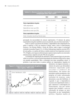 percepção da necessidade de estocar suprimentos. O número de países
26
exportadoresdegrãostambémcresceunoperíodo, mas emritmomais lento.
Entre os países em desenvolvimento, a dependência das importações de
grãos é superior a 50% na América Central, onde a terra é relativamente
escassa, e no Oriente Médio e Norte da África, onde a água é a principal
restrição (consultar Figura 5-1). A África Subsaariana importa cerca de 20%
de seus grãos, e os países de baixa e média renda da Ásia importam cerca de
7%. O Japão, com riqueza suficiente para superar outras nações nos mercados
27
internacionais,importacercade70% deseusgrãos.
Aestratégia de importação de alimentos é uma resposta lógica às pressões
sobre os recursos; a terceirização da produção de alimentos libera terra e água
em grandes quantidades. Mas a estratégia tem duas armadilhas claras. A
primeira é que nem todos os países podem ser importadores líquidos de
alimentos; em algum momento, o
número de países que demandam
alimentos importados pode
e x c e d e r o n ú m e r o d e
fornecedores. Em muitas das
principais regiões produtoras, elas
próprias já estão enfrentando
restrições de recursos, como
demonstra o caso da Califórnia. A
segunda é que a dependência
excessiva de importações deixa o
país vulnerável a interrupções de
fornecimento, seja por razões
naturais (por exemplo, a seca ou
infestação de pragas no país
fornecedor) ou por manipulação
política. Algumas nações já
�������������������������������������������������
�������������������������
Fonte: Worldwatch, USDA
Importaçõeslíquidascomopartedoconsumo
(percentual)
América Central
Oriente Médio
e Norte da África
Fonte: Consultar nota 26 ao final do texto.
T����������������������������������������������������������������
����������������������������
número de países percentual
Aumento
100% dependente
Dependência maior que 50%
Dependência maior que 25%
Países importadores de grãos
Países exportadores de grãos
- - - - - - -
Estado do Mundo 201574
 