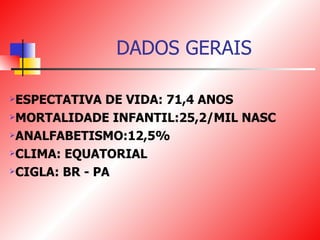 DADOS GERAIS ESPECTATIVA DE VIDA: 71,4 ANOS MORTALIDADE INFANTIL:25,2/MIL NASC ANALFABETISMO:12,5% CLIMA: EQUATORIAL CIGLA: BR - PA 