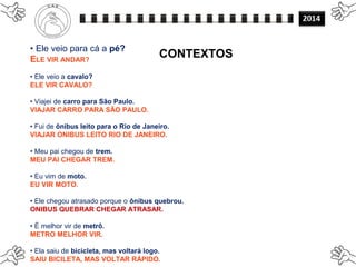 • Ele veio para cá a pé?
ELE VIR ANDAR?
• Ele veio a cavalo?
ELE VIR CAVALO?
• Viajei de carro para São Paulo.
VIAJAR CARRO PARA SÃO PAULO.
• Fui de ônibus leito para o Rio de Janeiro.
VIAJAR ONIBUS LEITO RIO DE JANEIRO.
• Meu pai chegou de trem.
MEU PAI CHEGAR TREM.
• Eu vim de moto.
EU VIR MOTO.
• Ele chegou atrasado porque o ônibus quebrou.
ONIBUS QUEBRAR CHEGAR ATRASAR.
• É melhor vir de metrô.
METRO MELHOR VIR.
• Ela saiu de bicicleta, mas voltará logo.
SAIU BICILETA, MAS VOLTAR RÁPIDO.
CONTEXTOS
 