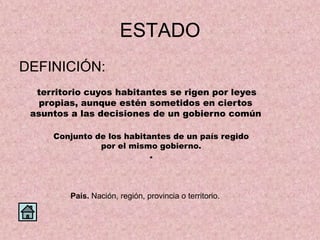 ESTADO
DEFINICIÓN:
  territorio cuyos habitantes se rigen por leyes
   propias, aunque estén sometidos en ciertos
 asuntos a las decisiones de un gobierno común

     Conjunto de los habitantes de un país regido
               por el mismo gobierno.
                           .




         País. Nación, región, provincia o territorio.
 