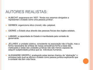 AUTORES REALISTAS:
 ALBECHT: asseverava em 1837: “Ainda nos veremos obrigados a
representar o Estado como uma pessoa jurídica”.
 GERBEN: organicismo ético (moral); não- palpável.
 GIERKE: o Estado atua através das pessoas físicas dos órgãos estatais.
 LABAND: a capacidade do Estado é manifestada pela vontade do
governante.
 JELLINEK: a unidade coletiva, consistente na associação não é ficção, mas a
forma necessária de síntese de nossa consciência forma a base das
instituições e estas tais unidades jurídicas não são menos capazes de
adquirir subjetividade jurídica que os indivíduos humanos.
 ALEXANDRE GROPPLI: analisando estas teorias chamou de “abstração” o
processo pelo qual se afirma o Estado como pessoa jurídica explicando que
a vontade não tem vida física.
 