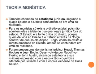 TEORIA MONÍSTICA
 Também chamada do estatismo jurídico, segundo a
qual o Estado e o Direito confundem-se em uma só
realidade.
 Para os monistas só existe o direito estatal, pois não
admitem eles a ideia de qualquer regra jurídica fora do
estado. O Estado é a fonte única do direito, porque
quem dá vida ao Direito é o Estado através da “força
coativa” de que só ele dispõe. Logo, como só existe o
Direito emanado do Estado, ambos se confundem em
uma só realidade.
 Foram precursores do monismo jurídico: Hegel, Thomas
Hobbes e Jean Bodin. Desenvolvida por Rudolf von
Ihering e John Austin, alcançou esta teoria a sua
máxima expressão com a escola técnico-jurídica
liderada por Jellinek e com a escola vienense de Hans
Kelsen.
 