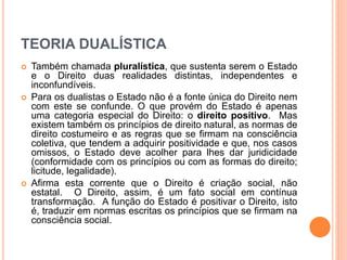 TEORIA DUALÍSTICA
 Também chamada pluralística, que sustenta serem o Estado
e o Direito duas realidades distintas, independentes e
inconfundíveis.
 Para os dualistas o Estado não é a fonte única do Direito nem
com este se confunde. O que provém do Estado é apenas
uma categoria especial do Direito: o direito positivo. Mas
existem também os princípios de direito natural, as normas de
direito costumeiro e as regras que se firmam na consciência
coletiva, que tendem a adquirir positividade e que, nos casos
omissos, o Estado deve acolher para lhes dar juridicidade
(conformidade com os princípios ou com as formas do direito;
licitude, legalidade).
 Afirma esta corrente que o Direito é criação social, não
estatal. O Direito, assim, é um fato social em contínua
transformação. A função do Estado é positivar o Direito, isto
é, traduzir em normas escritas os princípios que se firmam na
consciência social.
 
