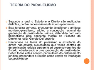 TEORIA DO PARALELISMO
 Segundo a qual o Estado e o Direito são realidades
distintas, porém necessariamente interdependentes.
 Esta terceira corrente, procurando solucionar a antítese
monismo-pluralismo, adotou a concepção racional da
graduação da positividade jurídica, defendida com raro
brilhantismo pelo eminente mestre de Filosofia do
Direito na Itália, Giorgio Del Vecchio.
 Reconhece na teoria do pluralismo a existência do
direito não-estatal, sustentando que vários centros de
determinação jurídica surgem e se desenvolvem fora do
Estado, obedecendo a uma graduação de positividade.
Sobre todos estes centros particulares do ordenamento
jurídico, prepondera o Estado como centro de irradiação
da positividade.
 