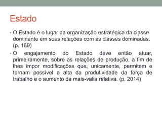 Estado
• O Estado é o lugar da organização estratégica da classe
dominante em suas relações com as classes dominadas.
(p. 169)
• O engajamento do Estado deve então atuar,
primeiramente, sobre as relações de produção, a fim de
lhes impor modificações que, unicamente, permitem e
tornam possível a alta da produtividade da força de
trabalho e o aumento da mais-valia relativa. (p. 2014)
 