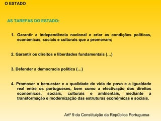 O ESTADO AS TAREFAS DO ESTADO: Garantir a independência nacional e criar as condições políticas, económicas, sociais e culturais que a promovam; 2. Garantir os direitos e liberdades fundamentais (…) 3. Defender a democracia política (…) 4. Promover o bem-estar e a qualidade de vida do povo e a igualdade real entre os portugueses, bem como a efectivação dos direitos económicos, sociais, culturais e ambientais, mediante a transformação e modernização das estruturas económicas e sociais. Artº 9 da Constituição da República Portuguesa 
