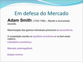 Em defesa do Mercado Adam Smith  (1723-1790) – filósofo e economista escocês. Maximização dos ganhos individuais promovem a  concorrência . A competição resulta no  equilíbrio econômico  e no bem-estar coletivo. Liberalismo econômico ; Mercado autorregulável ; Estado mínimo 