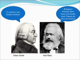 O correto é um Estado mínimo! Bobagem! Primeiro deve haver um Estado total. Depois ele deve ser extinto! Adam Smith Karl Marx 
