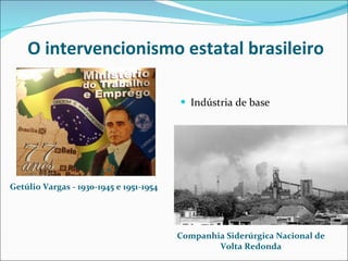 O intervencionismo estatal brasileiro Getúlio Vargas - 1930-1945 e 1951-1954 Companhia Siderúrgica Nacional de Volta Redonda Brasol Indústria de base 
