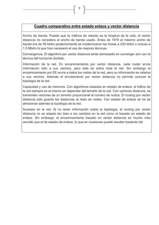 9
Cuadro comparativo entre estado enlace y vector distancia
Ancho de banda. Puesto que la métrica de retardo es la longitud de la cola, el vector
distancia no considera el ancho de banda usado. Antes de 1979 el máximo ancho de
banda era de 56 kbit/s posteriormente se modernizaron las líneas a 230 kbit/s o incluso a
1,5 Mbit/s lo que hizo necesario el uso de mejores técnicas.
Convergencia. El algoritmo por vector distancia tarda demasiado en converger aún con la
técnica del horizonte dividido.
Información de la red. En encaminamiento por vector distancia, cada router envía
información sólo a sus vecinos, pero esta es sobre toda la red. Sin embargo el
encaminamiento por EE envía a todos los nodos de la red, pero su información es relativa
a sus vecinos. Además el enrutamiento por vector distancia no permite conocer la
topología de la red.
Capacidad y uso de memoria. Con algoritmos basados en estado de enlace, el tráfico de
la red siempre es el mismo sin depender del tamaño de la red. Con vectores distancia, se
transmiten vectores de un tamaño proporcional al número de nodos. El routing por vector
distancia sólo guarda las distancias al resto de nodos. Con estado de enlace se ha de
almacenar además la topología de la red.
Sucesos en la red. Al no tener información sobre la topología, el routing por vector
distancia no se adapta tan bien a los cambios en la red como el basado en estado de
enlace. Sin embargo, el encaminamiento basado en vector distancia es mucho más
sencillo que el de estado de enlace, lo que en ocasiones puede resultar bastante útil.
 