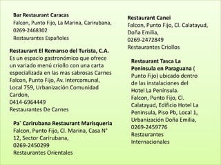 Bar Restaurant Caracas                       Restaurant Canei
 Falcon, Punto Fijo, La Marina, Carirubana,   Falcon, Punto Fijo, Cl. Calatayud,
 0269-2468302                                 Doña Emilia,
 Restaurantes Españoles                       0269-2472849
                                              Restaurantes Criollos
Restaurant El Remanso del Turista, C.A.
Es un espacio gastronómico que ofrece          Restaurant Tasca La
un variado menú criollo con una carta          Península en Paraguana (
especializada en las mas sabrosas Carnes       Punto Fijo) ubicado dentro
Falcon, Punto Fijo, Av. Intercomunal,          de las instalaciones del
Local 759, Urbanización Comunidad              Hotel La Península.
Cardon,                                        Falcon, Punto Fijo, Cl.
0414-6964449                                   Calatayud, Edificio Hotel La
Restaurantes De Carnes                         Peninsula, Piso Pb, Local 1,
                                               Urbanización Doña Emilia,
 Pa´ Carirubana Restaurant Marisqueria
                                               0269-2459776
 Falcon, Punto Fijo, Cl. Marina, Casa N°
                                               Restaurantes
 12, Sector Carirubana,
                                               Internacionales
 0269-2450299
 Restaurantes Orientales
 
