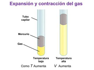 Como T Aumenta V Aumenta
Expansión y contracción del gas
Tubo
capilar
Mercurio
Temperatura
baja
Temperatura
alta
 