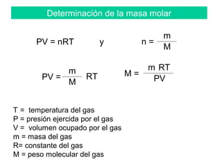 Determinación de la masa molar
PV = nRT y n =
m
M
PV =
m
M
RT M =
m
PV
RT
T = temperatura del gas
P = presión ejercida por el gas
V = volumen ocupado por el gas
m = masa del gas
R= constante del gas
M = peso molecular del gas
 