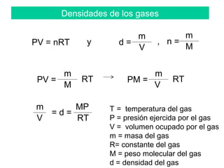 Densidades de los gases
PV = nRT y d =
m
V
PV =
m
M
RT
MP
RTV
m
= d =
, n =
m
M
PM =
m
V
RT
T = temperatura del gas
P = presión ejercida por el gas
V = volumen ocupado por el gas
m = masa del gas
R= constante del gas
M = peso molecular del gas
d = densidad del gas
 
