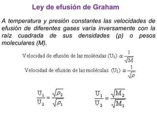 Ley de efusión de Graham
A temperatura y presión constantes las velocidades de
efusión de diferentes gases varía inversamente con la
raíz cuadrada de sus densidades (ρ) o pesos
moleculares (M).
 