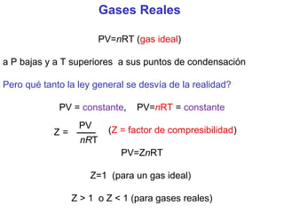Gases Reales
PV=nRT (gas ideal)
a P bajas y a T superiores a sus puntos de condensación
Pero qué tanto la ley general se desvía de la realidad?
PV = constante, PV=nRT = constante
(Z = factor de compresibilidad)
PV=ZnRT
Z=1 (para un gas ideal)
Z > 1 o Z < 1 (para gases reales)
Z =
PV
nRT
 