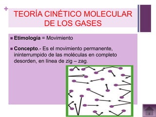 +
     TEORÍA CINÉTICO MOLECULAR
            DE LOS GASES
     Etimología   = Movimiento

     Concepto.- Es el movimiento permanente,
     ininterrumpido de las moléculas en completo
     desorden, en línea de zig – zag.
 