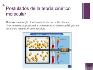 +
    Postulados de la teoría cinético
    molecular
    Quinto.- La energía cinética media de las moléculas es
    directamente proporcional a la temperatura absoluta del gas; se
    considera nula en el cero absoluto.
 