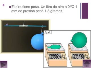 +      aire tiene peso. Un litro de aire a 0 0C 1
     El
     atm de presión pesa 1,3 gramos
 