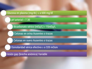 Glucosa en plasma (mg/dL) ≥ a 600 mg/dl
pH arterial > 7.30
Bicarbonato sérico (mEq/L) > 15mEq/L
Cetonas en orina Ausentes o trazas
Cetonas en suero Ausentes o trazas
Osmolaridad sérica efectiva ≥ a 320 mOsm
Anión gap (brecha aniónica) Variable
 