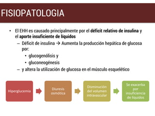• El EHH es causado principalmente por el déficit relativo de insulina y
el aporte insuficiente de líquidos
– Déficit de insulina  Aumenta la producción hepática de glucosa
por:
• glucogenólisis y
• gluconeogénesis
– y altera la utilización de glucosa en el músculo esquelético
Hiperglucemia
Diuresis
osmótica
Disminución
del volumen
intravascular
Se exacerba
por
insuficiencia
de líquidos
FISIOPATOLOGIA
 