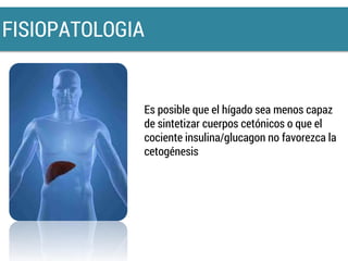 Es posible que el hígado sea menos capaz
de sintetizar cuerpos cetónicos o que el
cociente insulina/glucagon no favorezca la
cetogénesis
FISIOPATOLOGIA
 