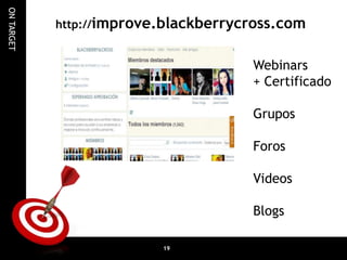 ON TARGET

http://improve.blackberrycross.com

Webinars
+ Certificado
Grupos

Foros
Videos

Blogs
19

 