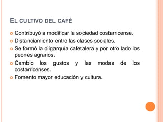 El cultivo del caféContribuyó a modificar la sociedad costarricense.Distanciamiento entre las clases sociales.Se formó la oligarquía cafetalera y por otro lado los peones agrarios.Cambio los gustos y las modas de los costarricenses.Fomento mayor educación y cultura.