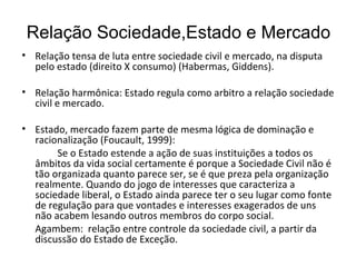 Relação Sociedade,Estado e Mercado Relação tensa de luta entre sociedade civil e mercado, na disputa pelo estado (direito X consumo) (Habermas, Giddens). Relação harmônica: Estado regula como arbitro a relação sociedade civil e mercado. Estado, mercado fazem parte de mesma lógica de dominação e racionalização (Foucault, 1999): Se o Estado estende a ação de suas instituições a todos os âmbitos da vida social certamente é porque a Sociedade Civil não é tão organizada quanto parece ser, se é que preza pela organização realmente. Quando do jogo de interesses que caracteriza a sociedade liberal, o Estado ainda parece ter o seu lugar como fonte de regulação para que vontades e interesses exagerados de uns não acabem lesando outros membros do corpo social. Agambem:  relação entre controle da sociedade civil, a partir da discussão do Estado de Exceção. 