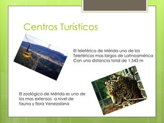 Centros Turísticos

                          El teleférico de Mérida uno de los
                          Teleféricos mas largos de Latinoamérica
                          Con una distancia total de 1.543 m




El zoológico de Mérida es uno de
los mas extensos a nivel de
fauna y flora Venezolana
 