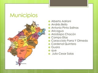 Municipios
                Alberto Adriani
                Andrés Bello
                Antonio Pinto Salinas
                Aricagua
                Arzobispo Chacón
                Campo Elías
                Caracciolo Parra Y Olmedo
                Cardenal Quintero
                Guara
                que
                Julio Cesar Salas
 