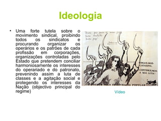 Ideologia Uma forte tutela sobre o movimento sindical, proibindo todos os sindicatos e procurando organizar os operários e os patrões de cada profissão em corporações, organizações controladas pelo Estado que pretendem conciliar harmoniosamente os interesses do operariado e do patronato, prevenindo assim a luta de classes e a agitação social e protegendo os interesses da Nação (objectivo principal do regime)  Vídeo 