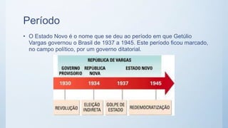 Período
• O Estado Novo é o nome que se deu ao período em que Getúlio
Vargas governou o Brasil de 1937 a 1945. Este período ficou marcado,
no campo político, por um governo ditatorial.
 