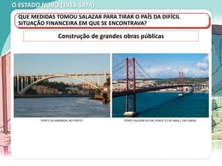 O ESTADO NOVO (1933-1974)
QUE MEDIDAS TOMOU SALAZAR PARA TIRAR O PAÍS DA DIFÍCIL
SITUAÇÃO FINANCEIRA EM QUE SE ENCONTRAVA?
PONTE DA ARRÁBIDA, NO PORTO. PONTE SALAZAR (ATUAL PONTE 25 DE ABRIL), EM LISBOA.
Construção de grandes obras públicas
 