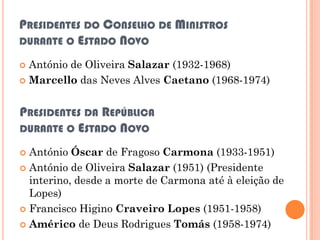 PRESIDENTES DO CONSELHO DE MINISTROS
DURANTE O ESTADO NOVO

 António de Oliveira Salazar (1932-1968)
 Marcello das Neves Alves Caetano (1968-1974)



PRESIDENTES DA REPÚBLICA
DURANTE O ESTADO NOVO

 António Óscar de Fragoso Carmona (1933-1951)
 António de Oliveira Salazar (1951) (Presidente
  interino, desde a morte de Carmona até à eleição de
  Lopes)
 Francisco Higino Craveiro Lopes (1951-1958)

 Américo de Deus Rodrigues Tomás (1958-1974)
 