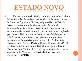         Durante o ano de 1943, um documento intitulado
    Manifesto dos Mineiros, assinado por intelectuais e
    influentes figuras políticas, exigiu o fim do Estado
    Novo e a retomada da democracia. Acenando
    favoravelmente a essa reivindicação, Vargas criou
    uma emenda constitucional que permitia a criação de
    partidos políticos e anunciava novas eleições para
    1945. Nesse meio tempo surgiram as seguintes
    representações partidárias: o Partido Trabalhista
    Brasileiro (PTB) e o Partido Social Democrata (PSD),
    ambos redutos de apoio a Getúlio Vargas; a União
    Democrática Nacional (UDN), agremiação de direita
    opositora de Vargas; e o Partido Comunista
    Brasileiro (PCB)
                                                           MARCO
 