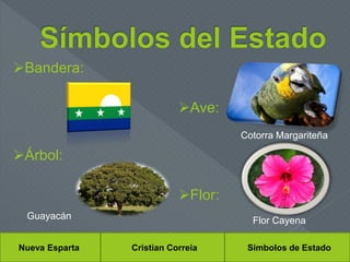 Cristian Correia Símbolos de EstadoNueva Esparta
Bandera:
Árbol:
Ave:
Flor:
Cotorra Margariteña
Flor CayenaGuayacán
 